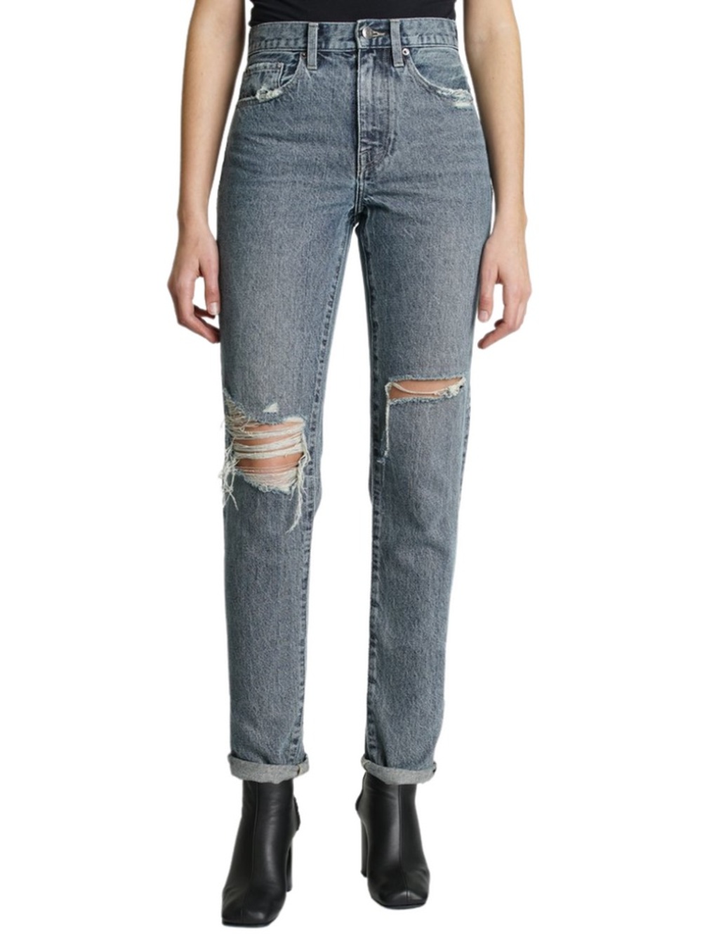 pistola Presley Relaxed Roll Jeans - Medium Wash Denim Distressed Size 27 Womens